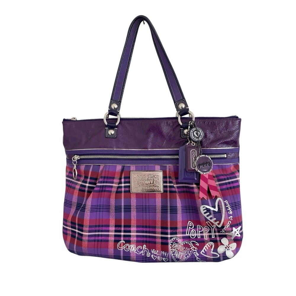Large Rare Coach Poppy Y2K Purple Tartan Plaid Glam Tote Shoulder Bag - Picture 12 of 12